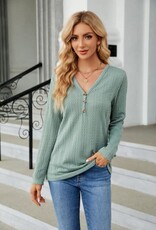 - Sage Green Textured Pattern  V-Neck Neck  Button Detail Long Sleeve Top