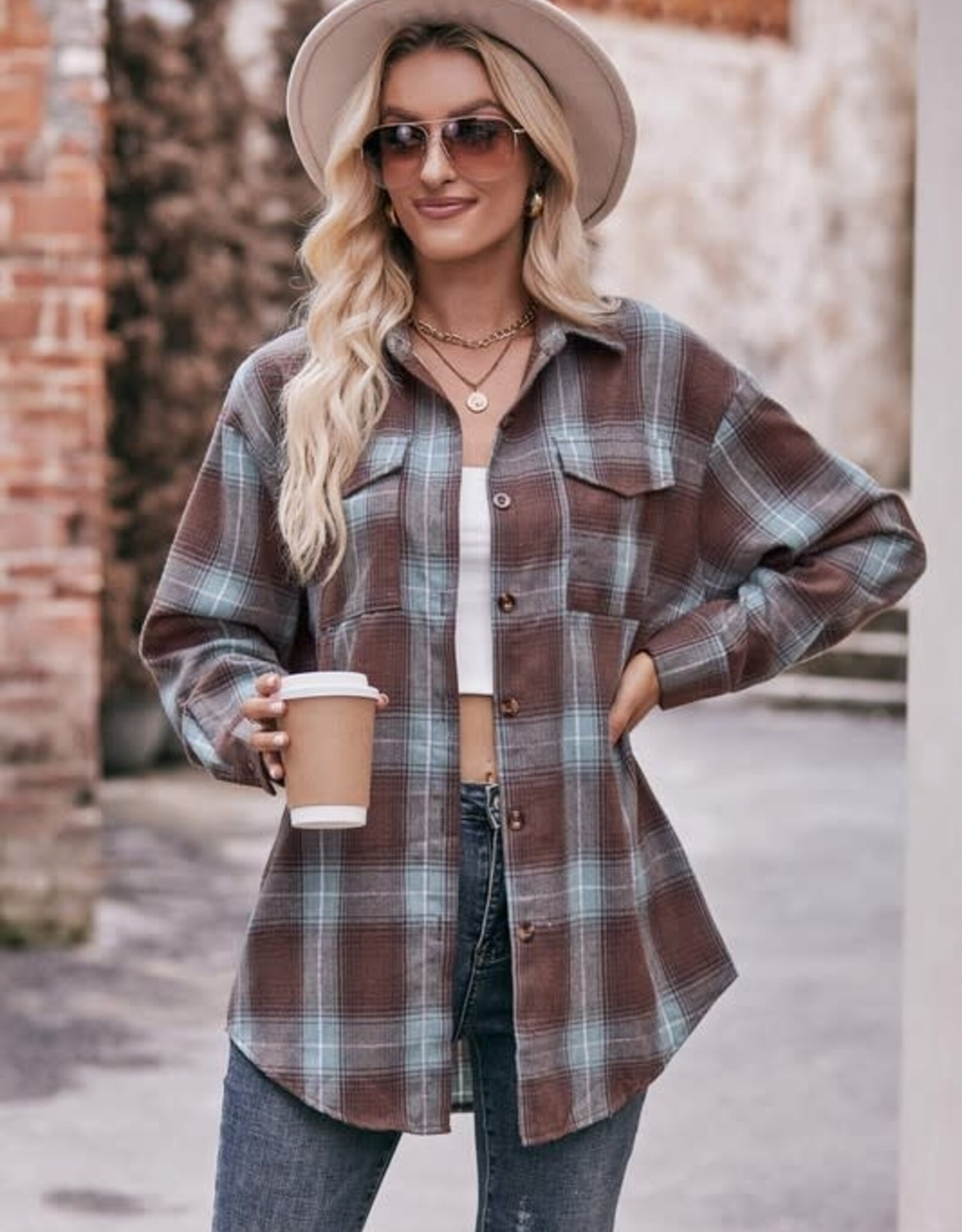 - Brown/ Mint Green Multi Plaid Button Up Long Sleeve Top