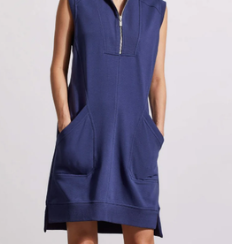 Tribal Navy Blue Mock Neck 1/4 Zip  Sleeveless Front Pockets Dress