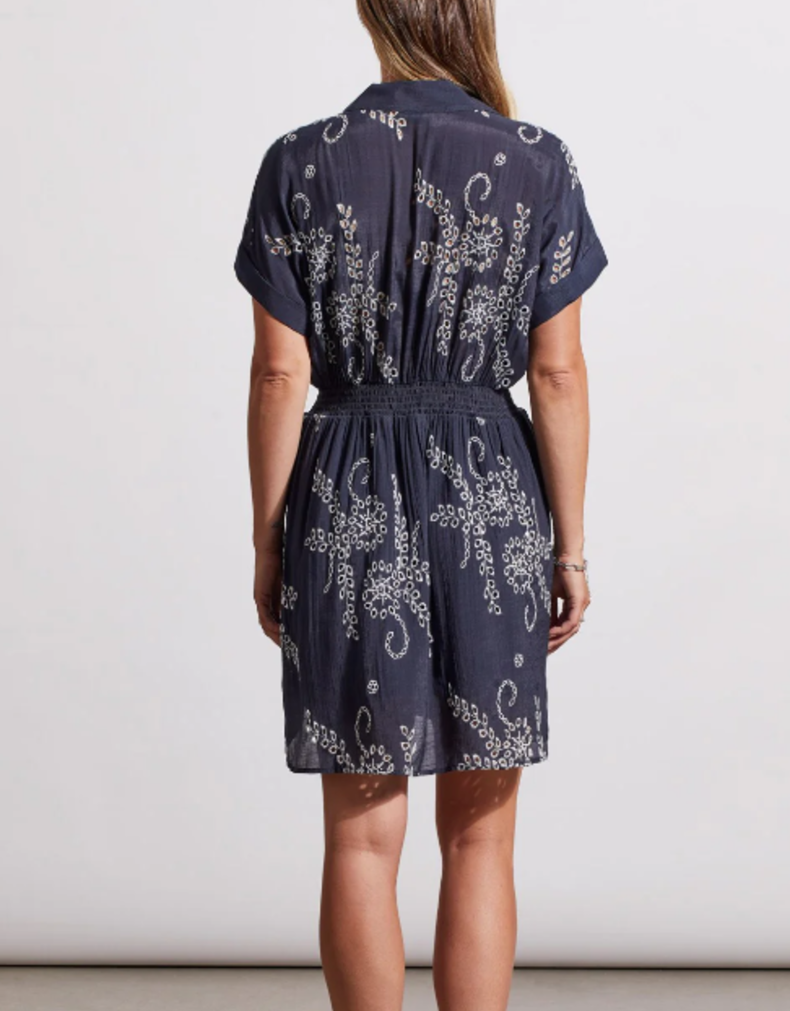 Tribal Navy / White Embroidered Button Up  Short Sleeve Dress