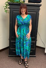 Tribal Green/Blue Multi Print Maxi  W/ Shoulder Tie Dress