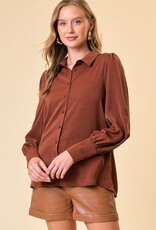 - Coffee Textured Button Up Puffed Long Sleeve Top