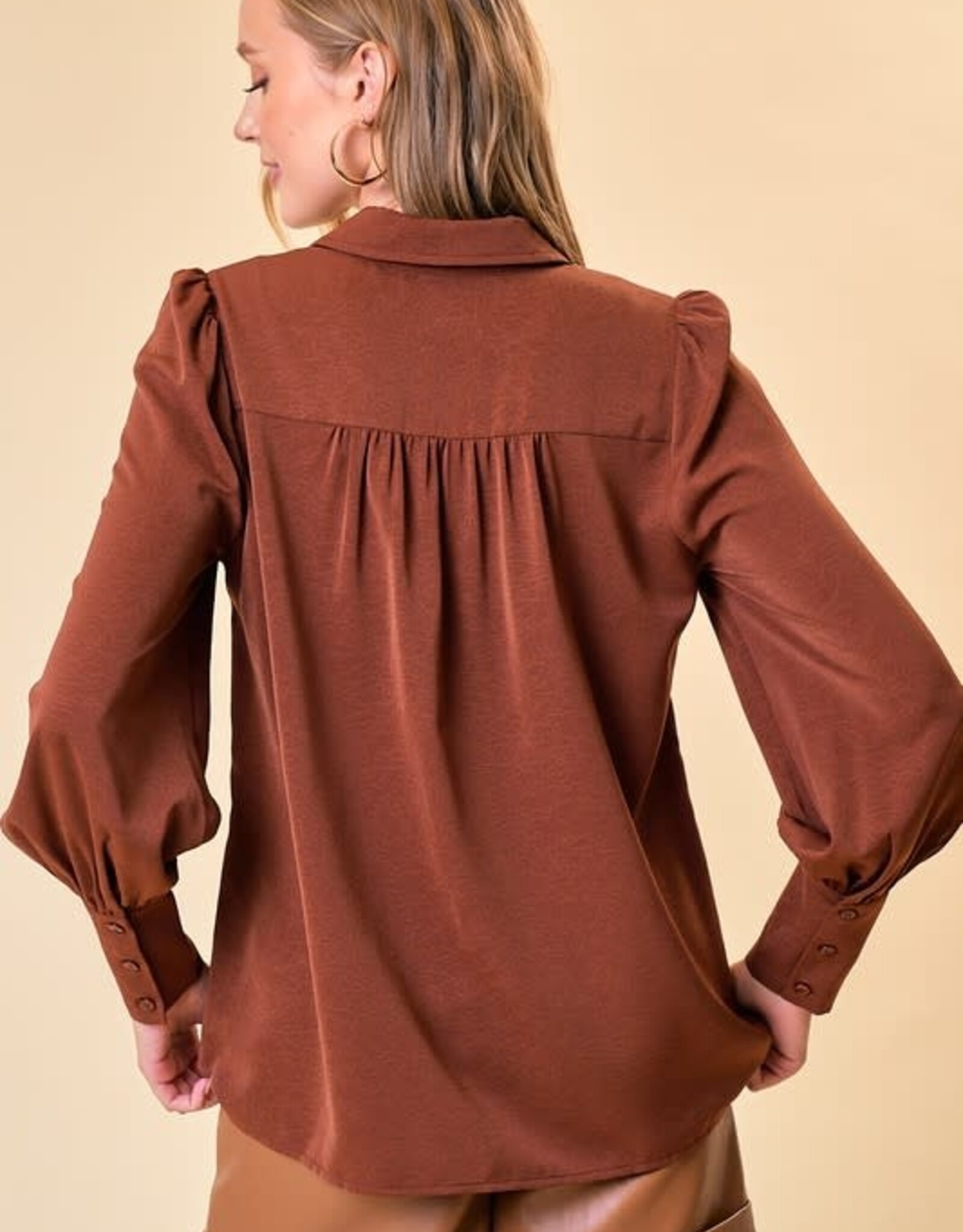 - Coffee Textured Button Up Puffed Long Sleeve Top