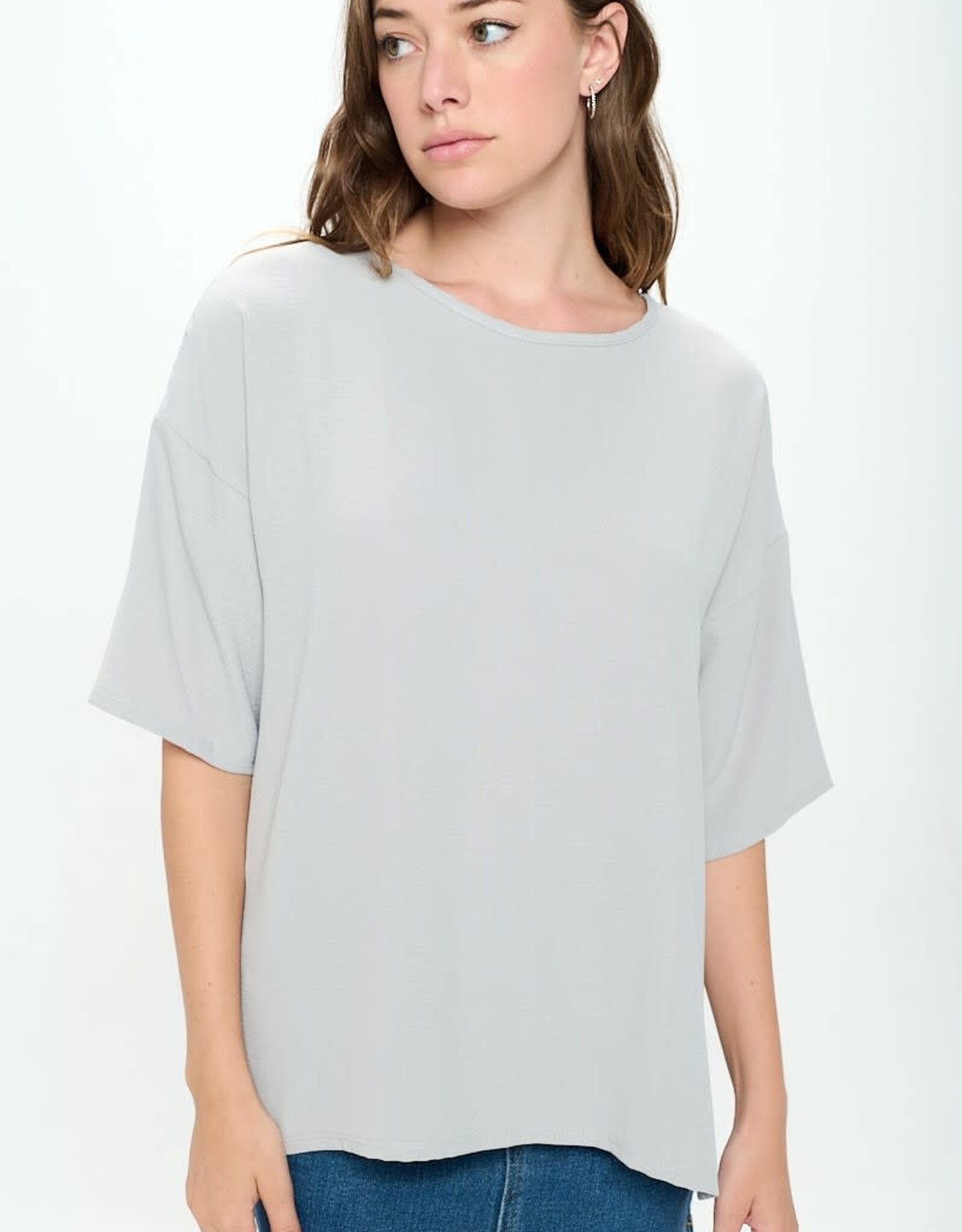 - Grey Round Neck Short Sleeve Loose Fit Top