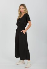 - Black Smocked Waist, S/S  Jumpsuit with Buttons and Pockets