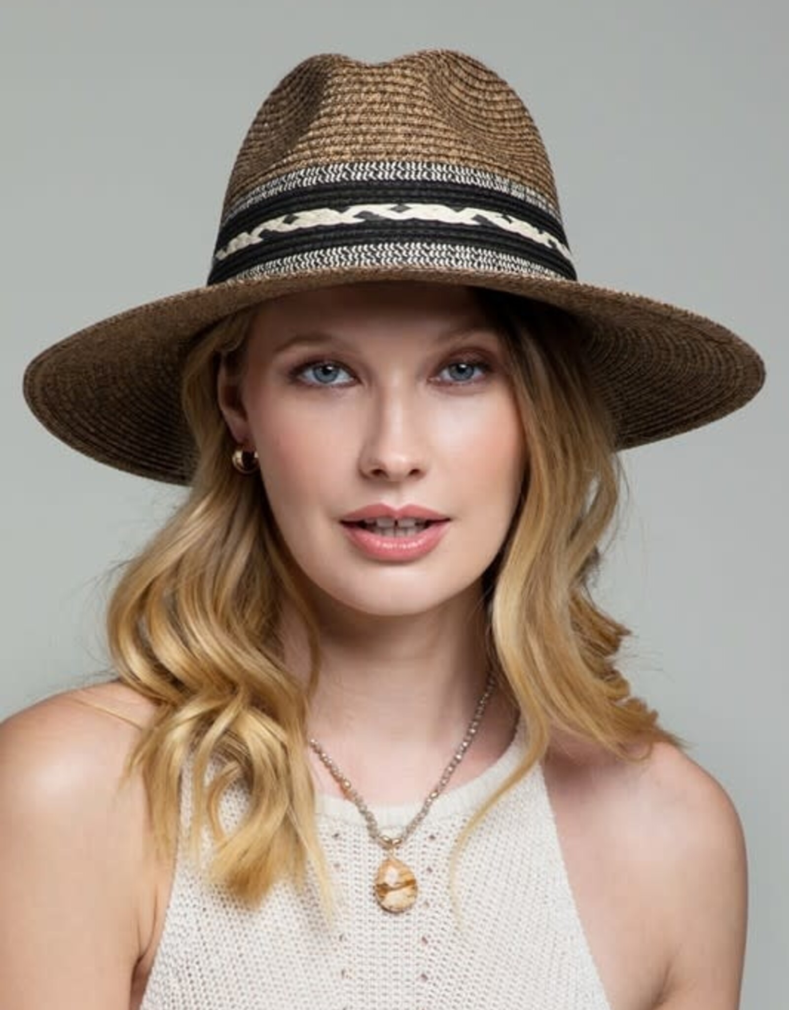 - Light Brown Contrasting Braided Trim with Adjustable Band Panama Hat