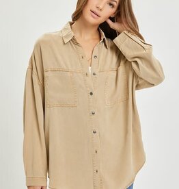 - Latte Collared Button Up 2 Chest Pockets Long Sleeve Top