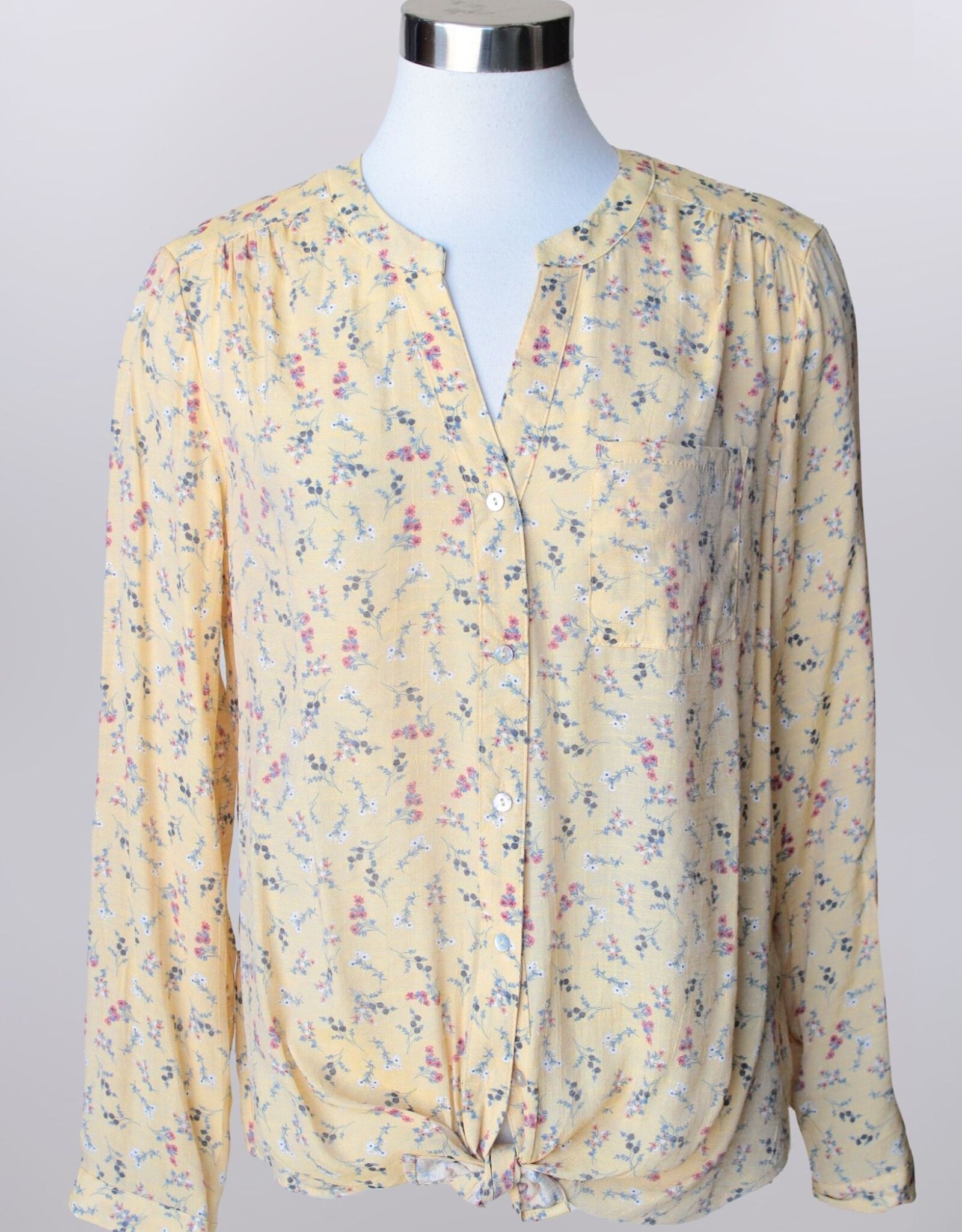 - Golden Yellow Button Up Round/V  Neck Long Sleeve Top