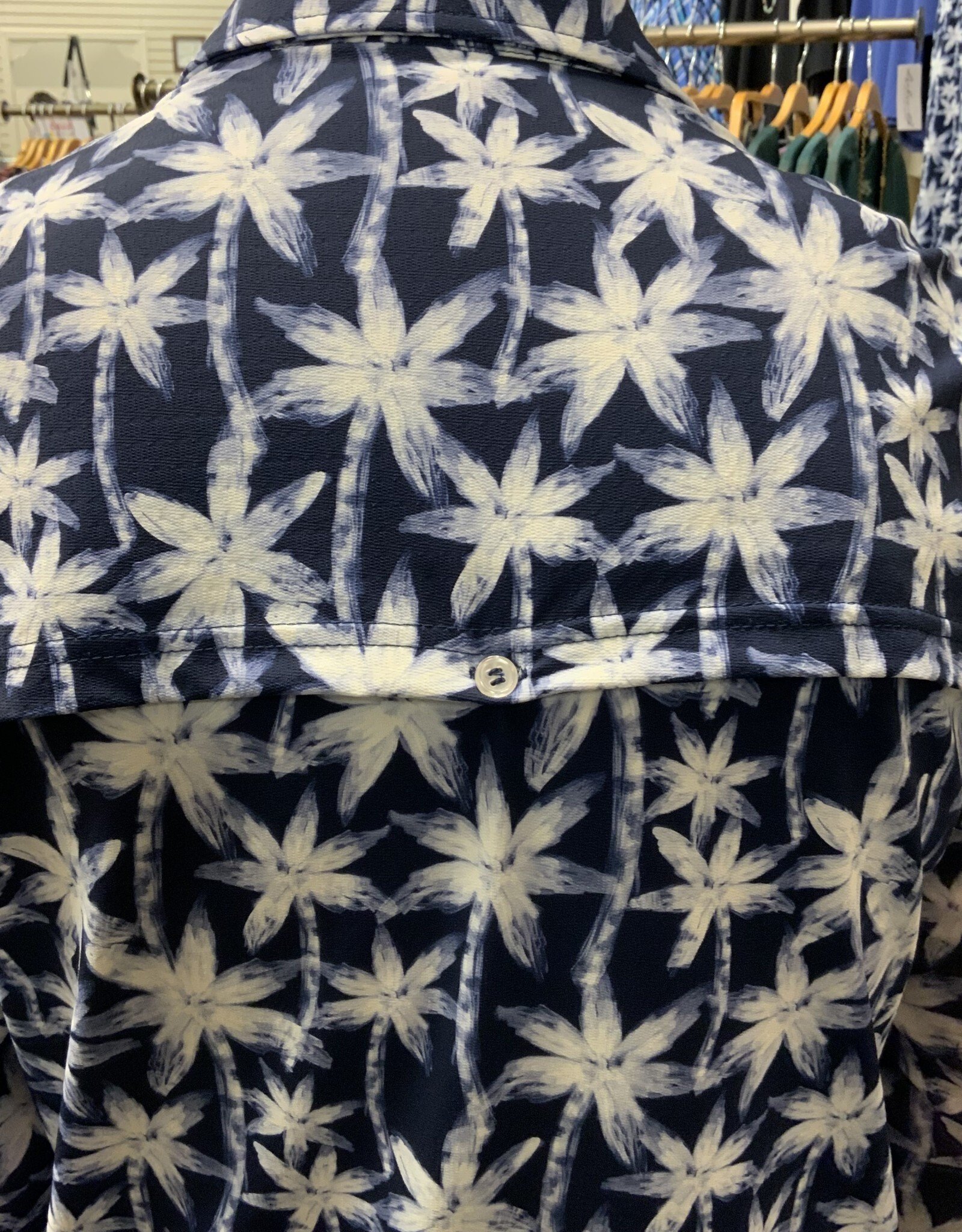 Navy/White Palm Tree Pattern Button-Up Dress w/Side Pockets