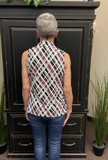 Black/Pink Kriss-Cross Pattern Zip Neck Sleeveless Top