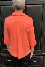 - Coral Textured V-Neck Button-Up Roll Sleeve w/Chest Pockets