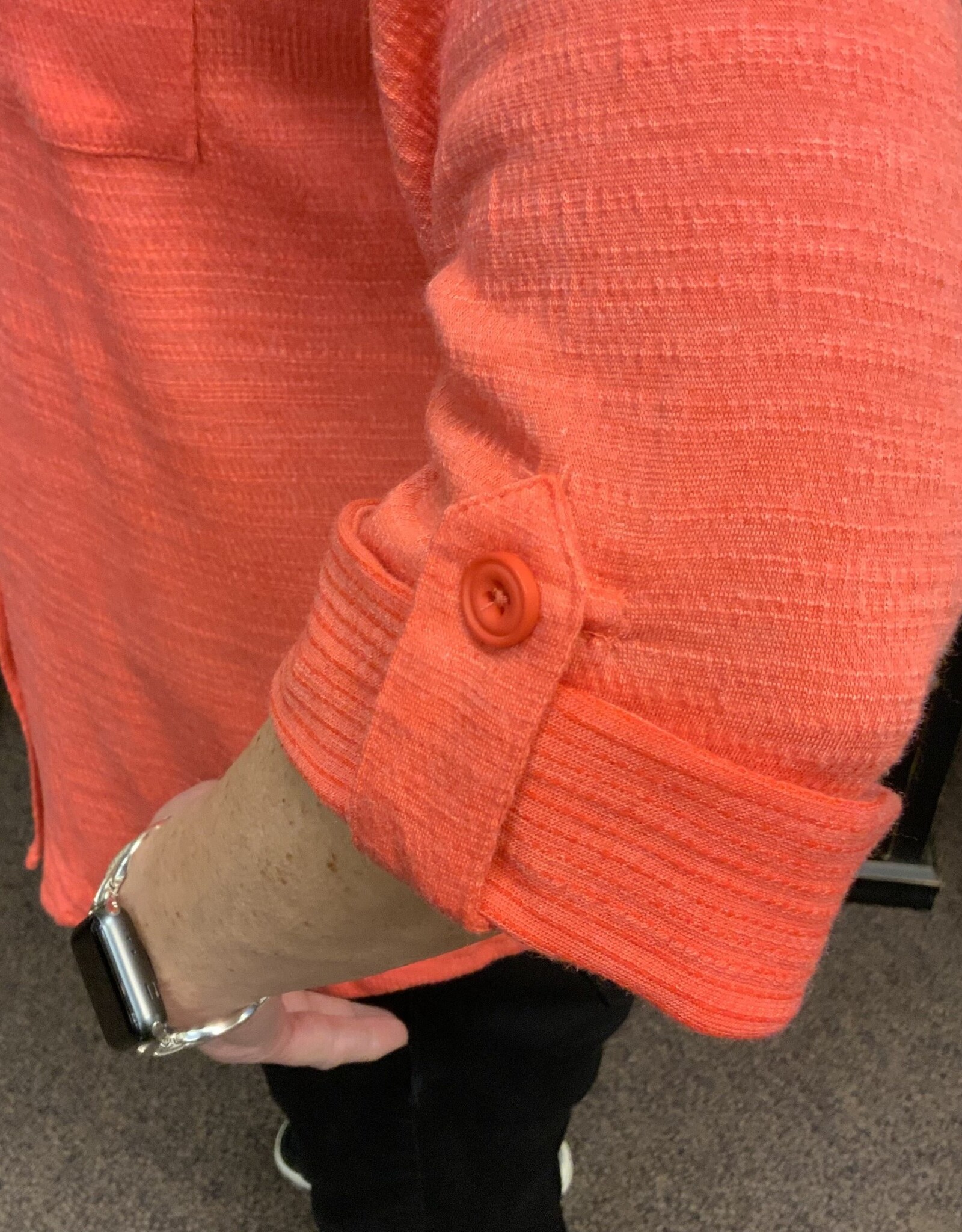 - Coral Textured V-Neck Button-Up Roll Sleeve w/Chest Pockets