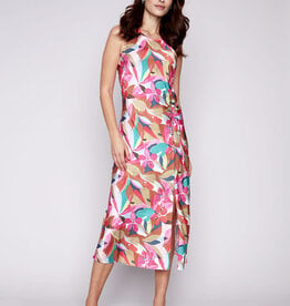 Charlie B Pink Colorful Floral Sleeveless Maxi Dress w/Side Slit & Rushed Drawstring