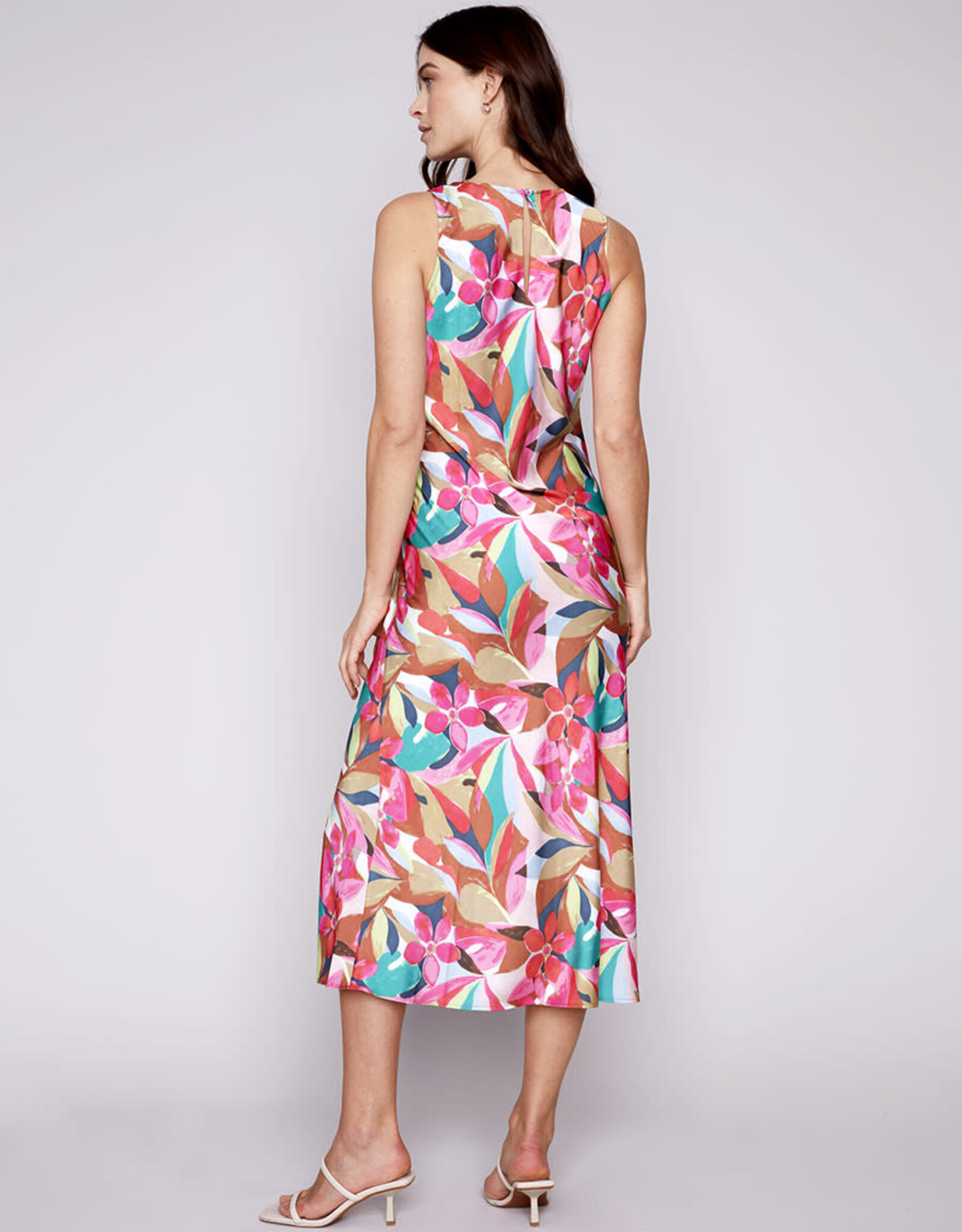 Charlie B Pink Colorful Floral Sleeveless Maxi Dress w/Side Slit & Rushed Drawstring