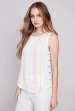Charlie B Pastel Striped Linen Sleeveless Top w/Button Side Detail
