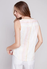 Charlie B Pastel Striped Linen Sleeveless Top w/Button Side Detail