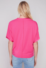 Charlie B Hot Pink Satin Front Crew Neck Short Sleeve Top w/Double Raw Hem
