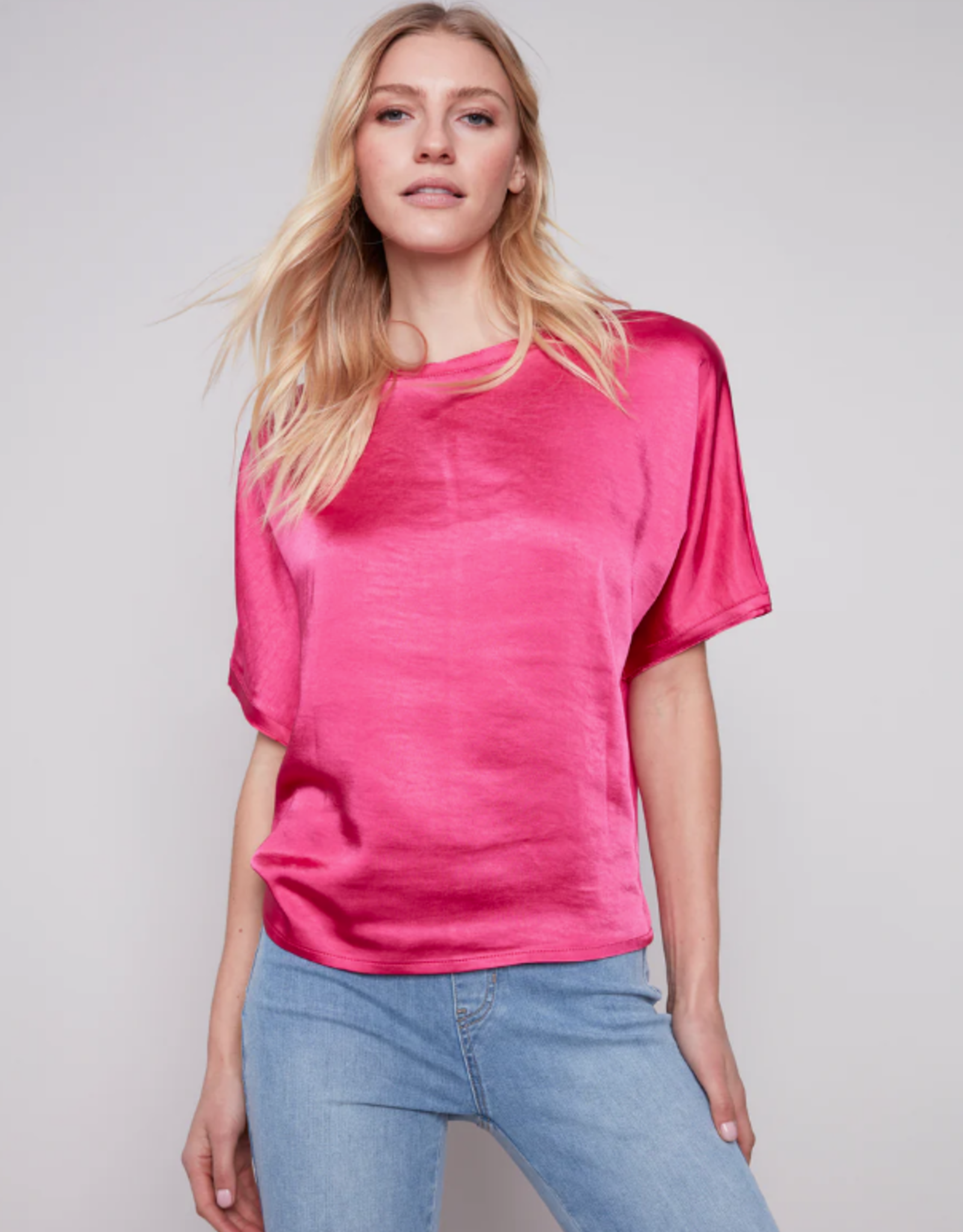 Charlie B Hot Pink Satin Front Crew Neck Short Sleeve Top w/Double Raw Hem