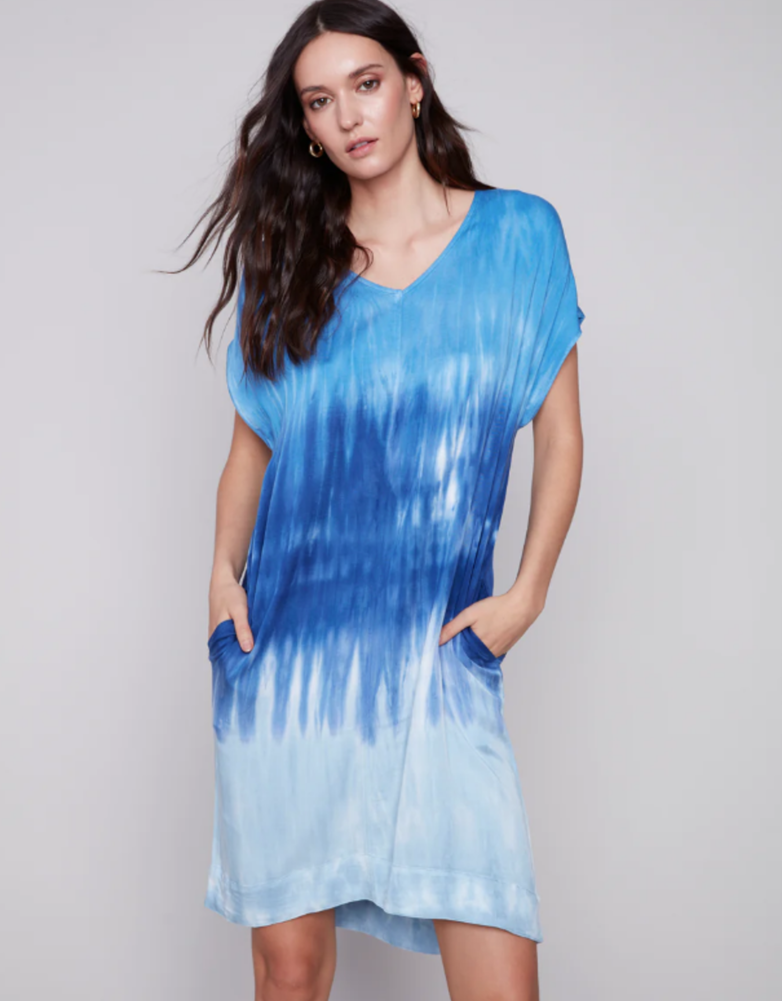 Charlie B Blue Tie Dye V-Neck Short Sleeve Midi Dress w/Pockets