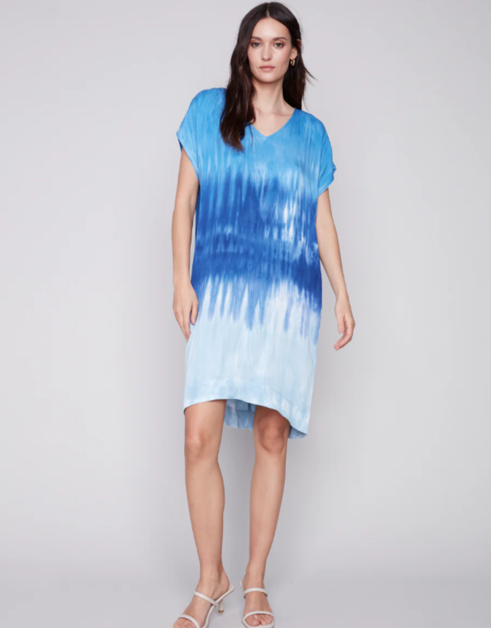 Charlie B Blue Tie Dye V-Neck Short Sleeve Midi Dress w/Pockets