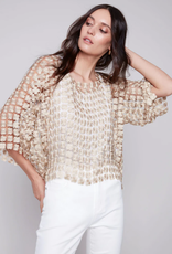 Charlie B Gold Metallic Floral Embroidery Netted Short Sleeve Top