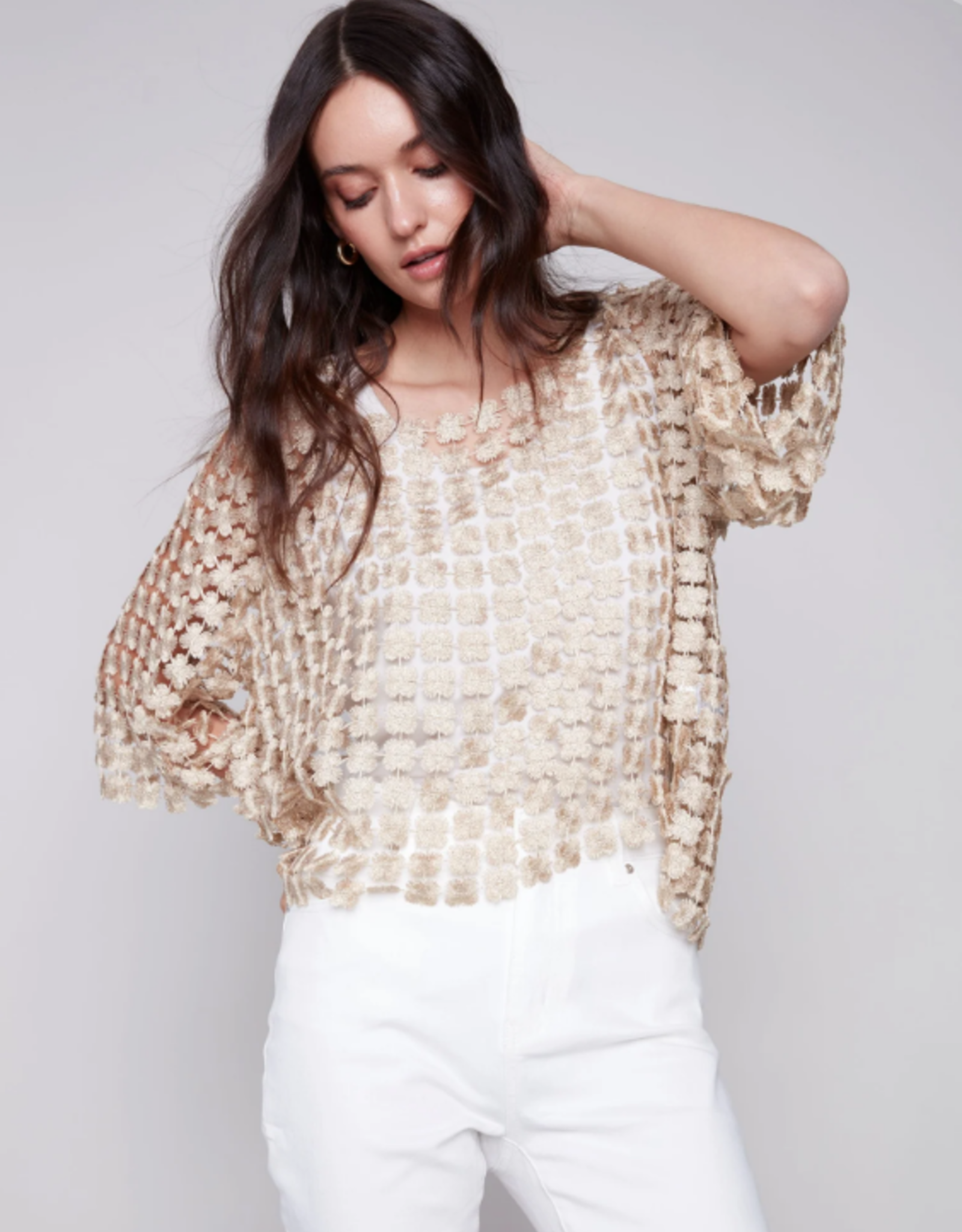 Charlie B Gold Metallic Floral Embroidery Netted Short Sleeve Top