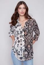 Charlie B Ivory/Black Southwest Pattern Button Up Long Roll Sleeve Top w/Chest Pockets
