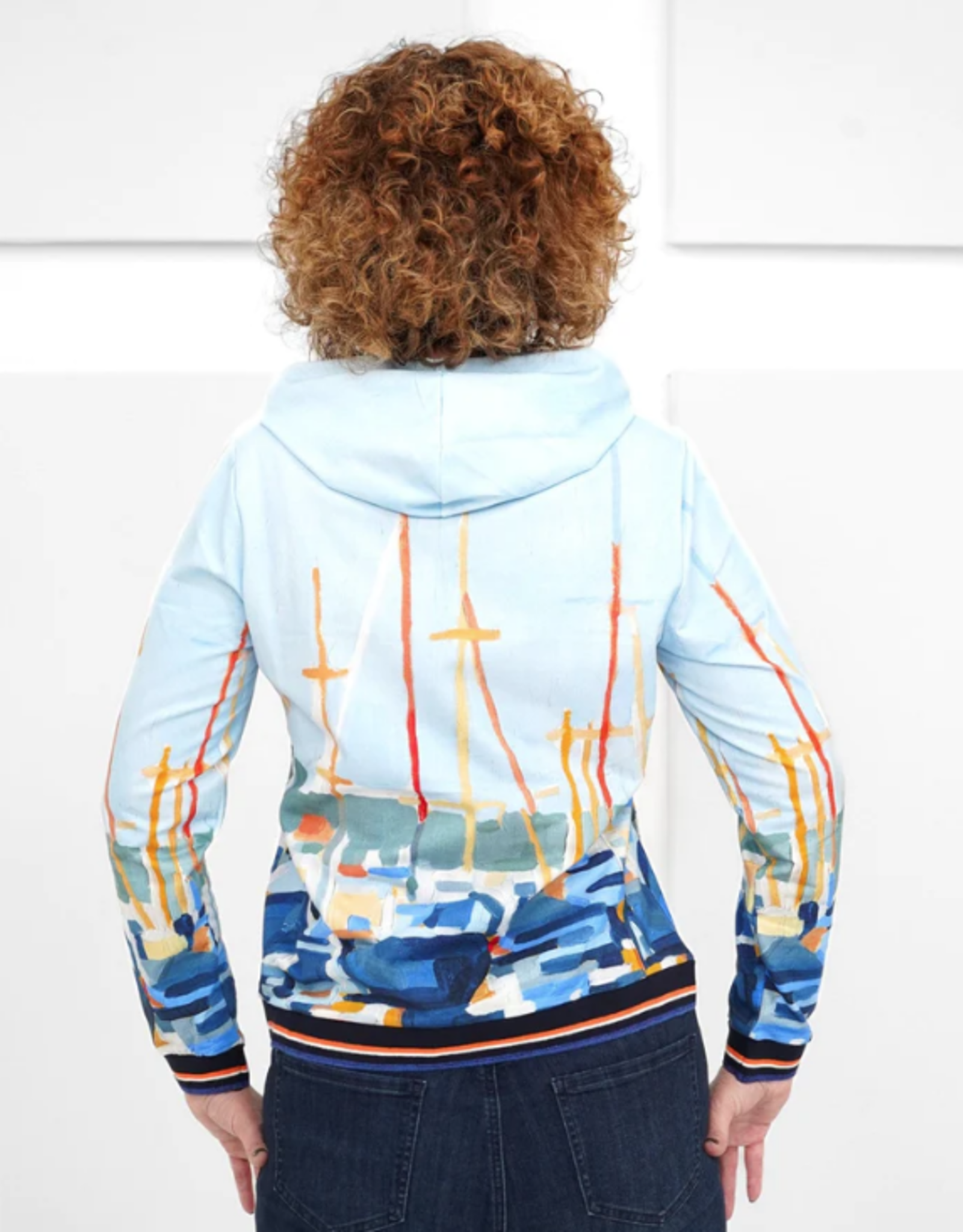 Dolcezza Blue Abstract Marina Art Knit Zip-Up Hooded Jacket w/Pockets