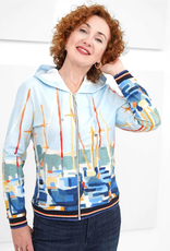 Dolcezza Blue Abstract Marina Art Knit Zip-Up Hooded Jacket w/Pockets