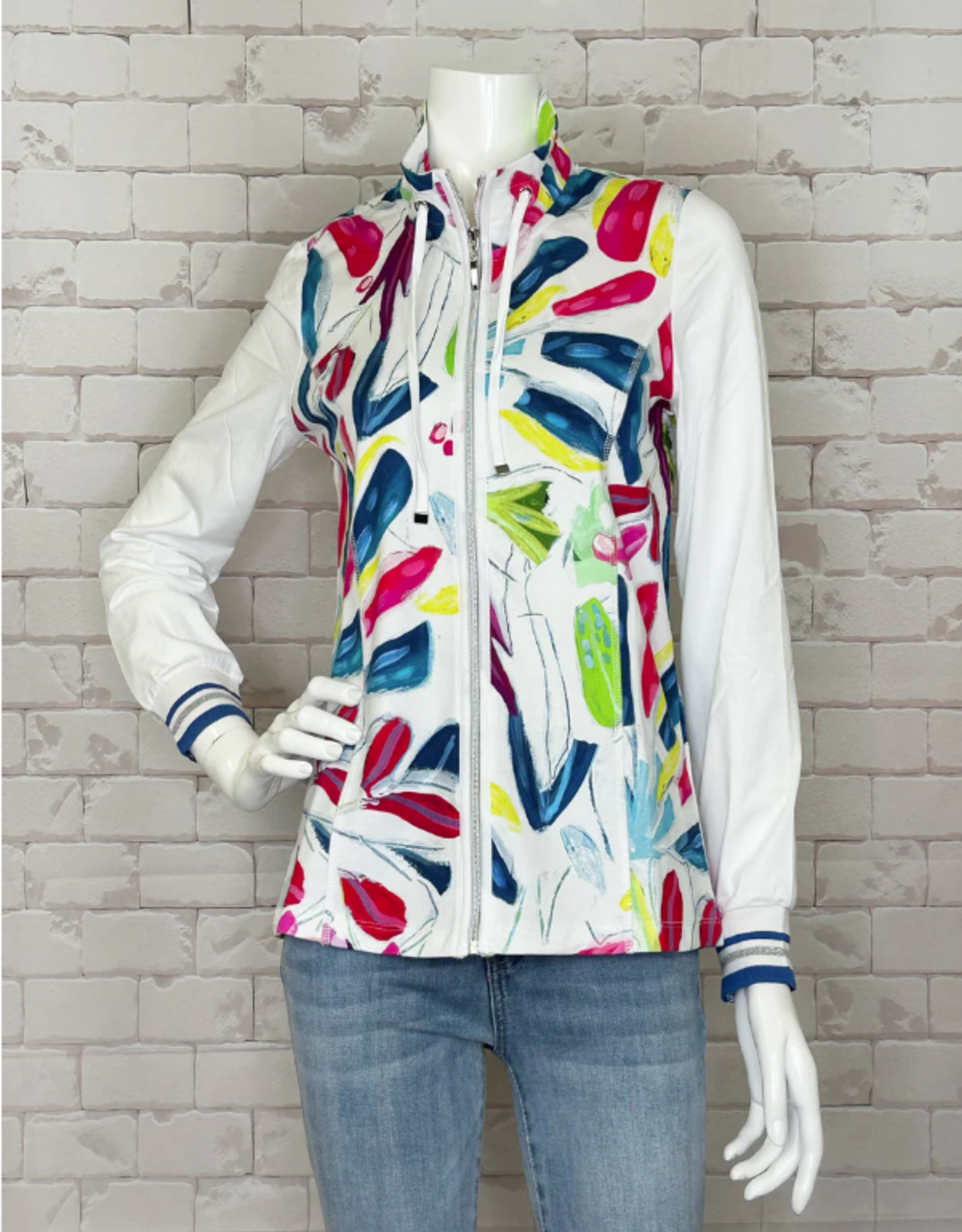 Dolcezza Multi Color Tropical Art Knit Mock Neck w/Drawstrings Zip-Up Jacket