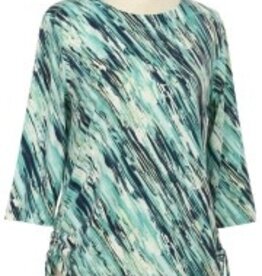 - Green/Navy Diagonal Print Round Neck 3/4 Sleeve Top w/Side Ruching