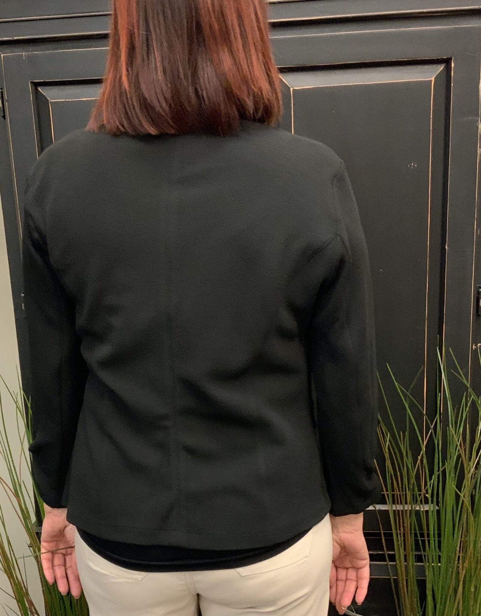 - Black Textured Open Front 3/4 Ruched Sleeve Blazer Jacket