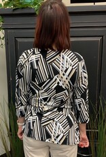 - Black/White Diagonal Print Round Neck 3/4 Sleeve Top w/Front Tie