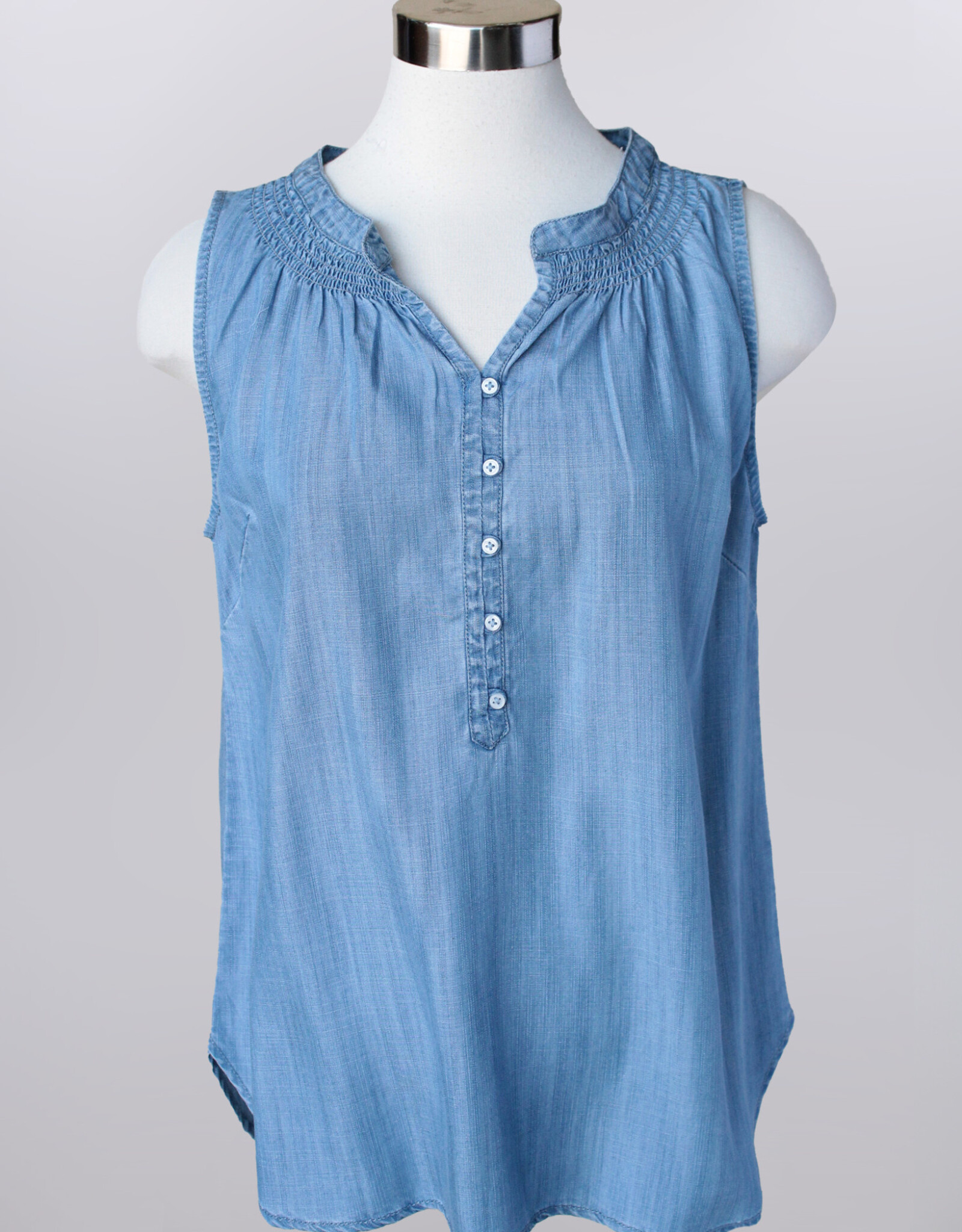 - Blue Rushed 1/2 Button Detail V-Neck Sleeveless Top