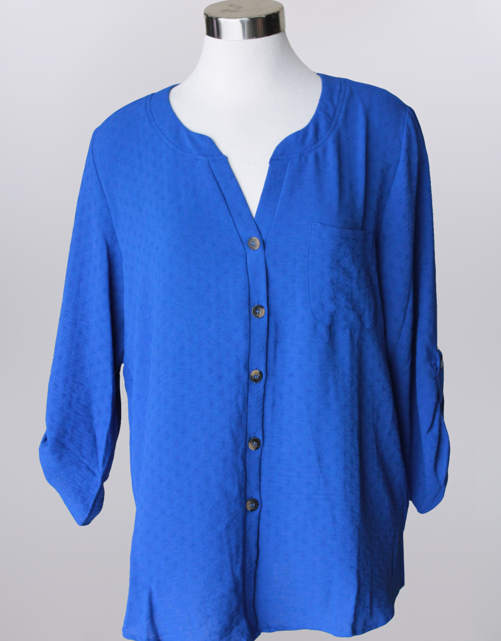 - Royal Blue Textured V-Neck Button Up 3/4 Roll Sleeve Top