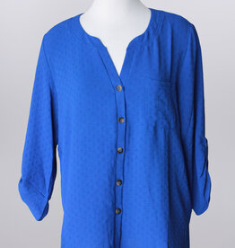- Royal Blue Textured V-Neck Button Up 3/4 Roll Sleeve Top