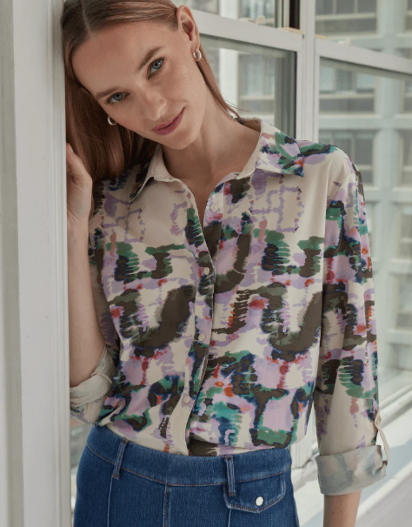 Lysse Lavender/Green Watercolor Print Button-Up  Long Sleeve Top