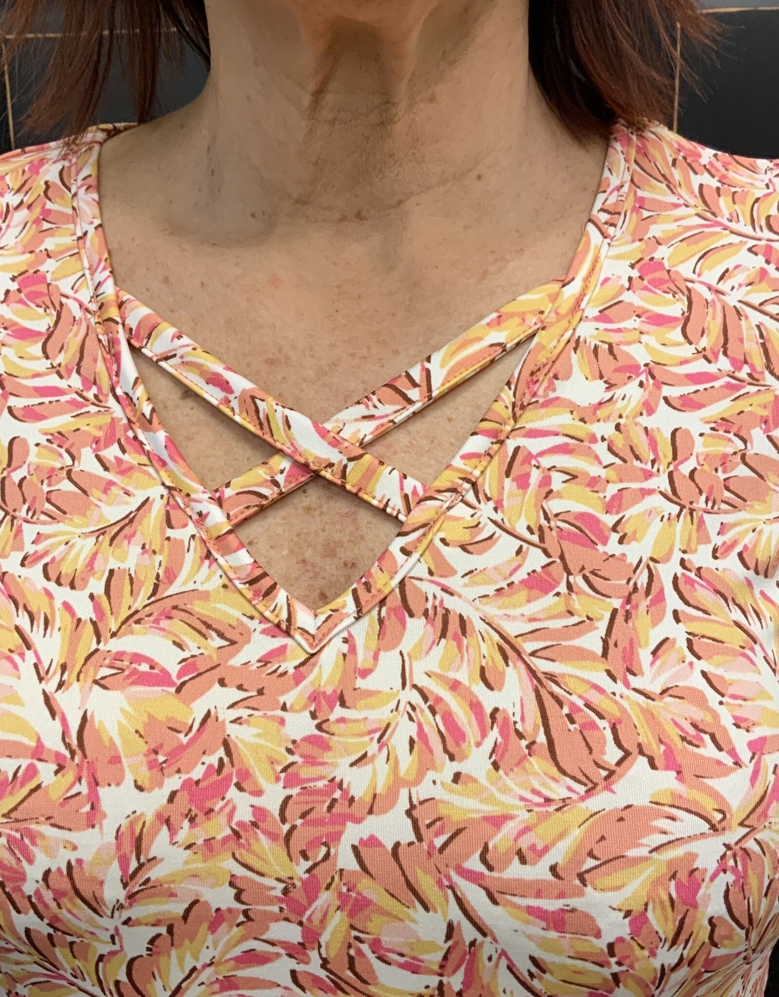 - Pink Leaf Print Criss Cross V-Neck Cap Sleeve Top
