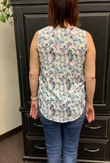 - Teal/Pink Paisley Print Pleated V-Neck Sleeveless Top