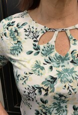 - Ivory/Green Floral Cut-Out Neck Short Sleeve Top