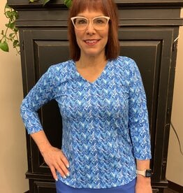 Blue/Multi Pointed Wave Print V-Neck 3/4 Sleeve Top - Evelie Blu Boutique