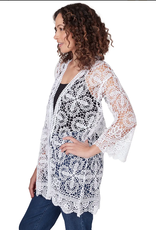 - White Medallion Lace Cotton Open Front 3/4 Sleeve Cardigan