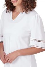 - White Keyhole Neck Cotton Short Lace Detail Sleeve Top