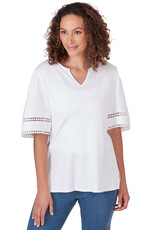 - White Keyhole Neck Cotton Short Lace Detail Sleeve Top