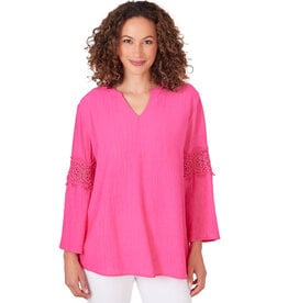 - Raspberry Textured Keyhole Neck 3/4 Lace Detail Sleeve Top