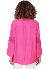 - Raspberry Textured Keyhole Neck 3/4 Lace Detail Sleeve Top