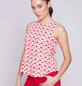 Charlie B Cherry Box Pattern Print Round Neck Sleeveless Top w/Side Buttons