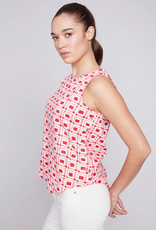 Charlie B Cherry Box Pattern Print Round Neck Sleeveless Top w/Side Buttons