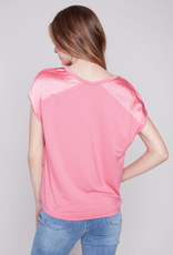 Charlie B Pink Flamingo Satin Front V-Neck Short Sleeve Top