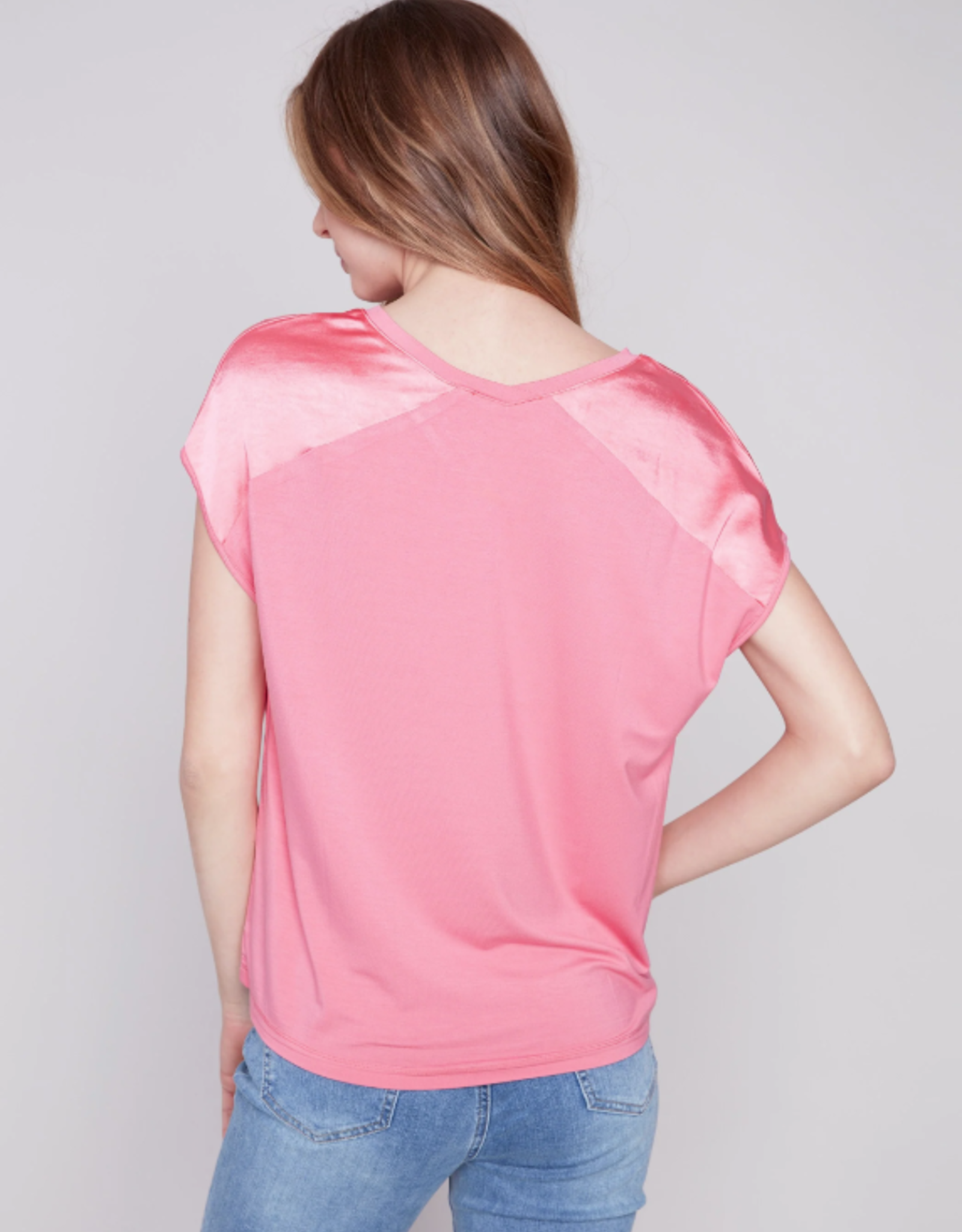 Charlie B Pink Flamingo Satin Front V-Neck Short Sleeve Top